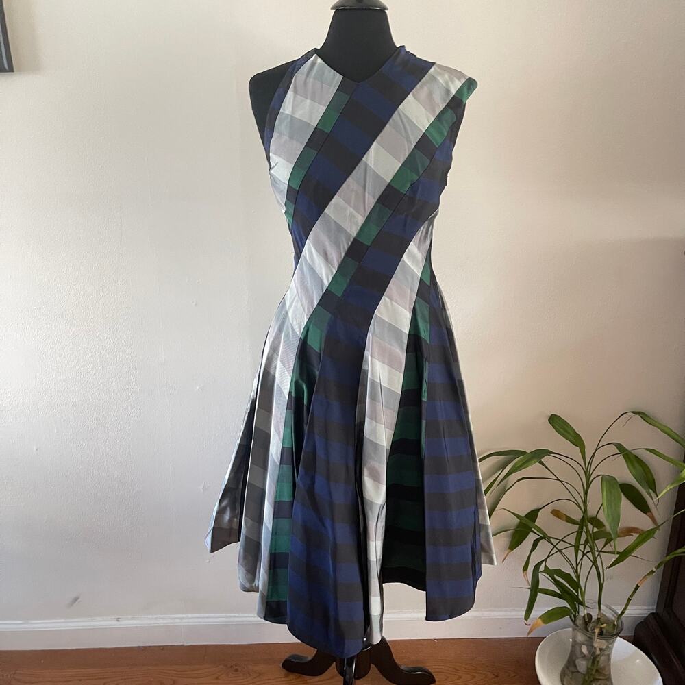 Thom Browne Plaid Spiral Seamed Silk Cotton Dress Asymmetric Tartan Pleated 4